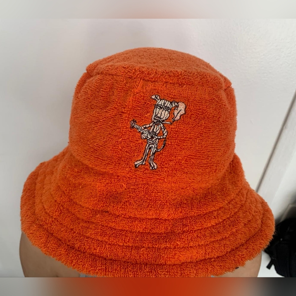 Vibrant Orange Terrycloth Bucket Hat with Cartoon Embroidery